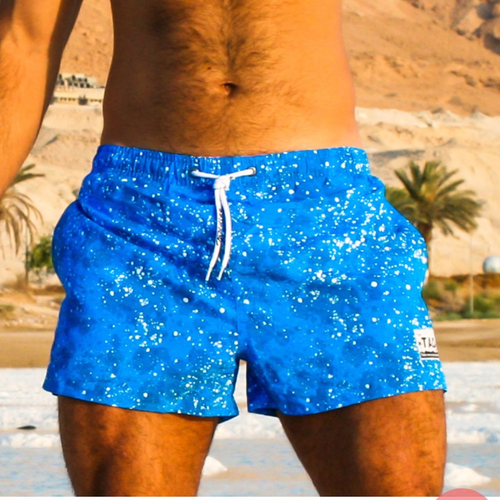 Taddlee Blue and White Splatter Print Swim Trunks Shorts